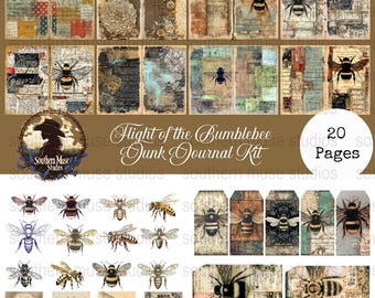 Bumblebee Junk Journal Kit, 20 Page Digital PDF, Ephemera, Journaling Cards, Tags, Pockets, Fussy Cut, Bumble Bee Theme