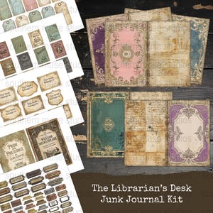 Bibliothecaris Desk Junk Journal Kit, 50 digitale pdf, vintage kortstondige, plakboekpapier, etiketten, tags, zakken, boekpagina's downloaden, digikit afbeelding 6