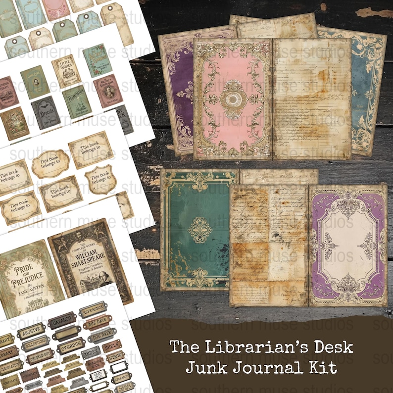 Bibliothecaris Desk Junk Journal Kit, 50 digitale pdf, vintage kortstondige, plakboekpapier, etiketten, tags, zakken, boekpagina's downloaden, digikit afbeelding 6