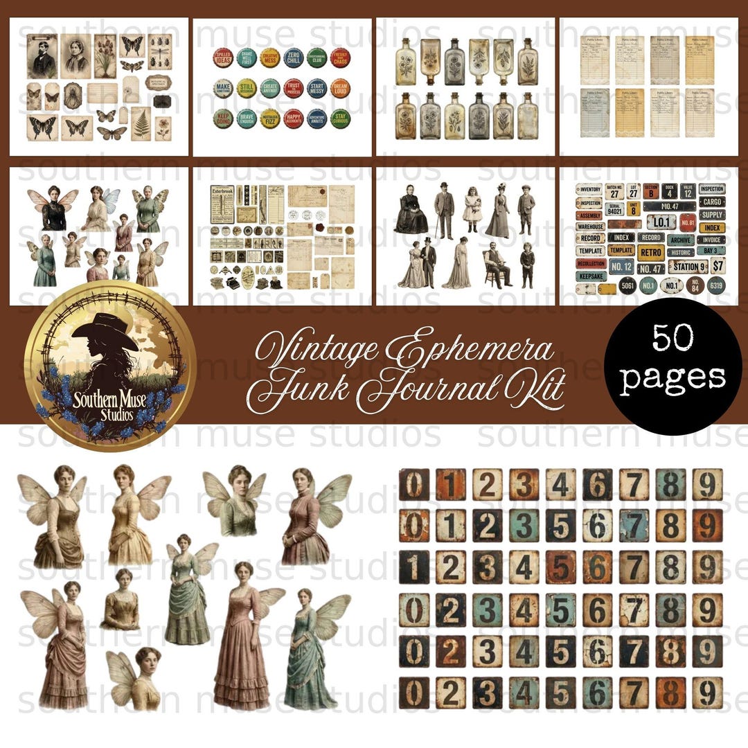 Vintage Ephemera Junk Journal Kit, 50 Page Digital Download, Scrapbook ...