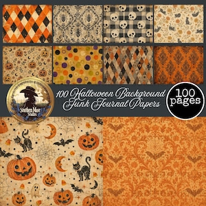 100 Halloween Background Digital Paper Kit Junk Journal Spooky Grunge Witchy Scrapbook Printable Patterns PDF, mixed media, orange, fall