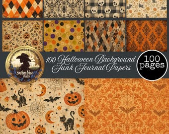 100 Halloween-Hintergrund-Digitalpapier-Sets für Junk Journals, Grusel-Grunge-Hexen-Scrapbooking, druckbare PDF-Muster, Mixed Media, Orange, Herbst