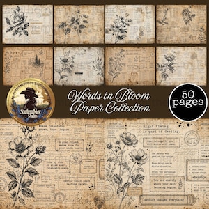 May include: A vintage-style paper collection with floral illustrations and handwritten text. The design features roses, poppies, and other botanical elements. The text reads "Words in Bloom Paper Collection" and "50 pages". The Southern Muse Studios logo is also visible.