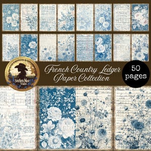 Könnte beinhalten: Eine Sammlung von 50 Seiten französischer Landhaus-Registerpapier. Das Papier zeigt florale Muster, Registerlinien und handschriftliche Schrift in Blau- und Weißtönen. Das Logo von Southern Muse Studios ist ebenfalls sichtbar.