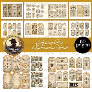 May include: A collection of vintage-style bee-themed ephemera, including tags, labels, and illustrations. The designs feature bees, honeycombs, and floral elements in a rustic, aged aesthetic. The text includes "Apiary Bee Ephemera Vault" and "50 pages".