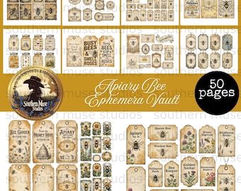 Digital Bee Ephemera Vault, Vintage Apiary Journal Kit, Honeycomb Tags, Bumblebee Printable Labels, Wildflower Collage, Junk Journal Supply