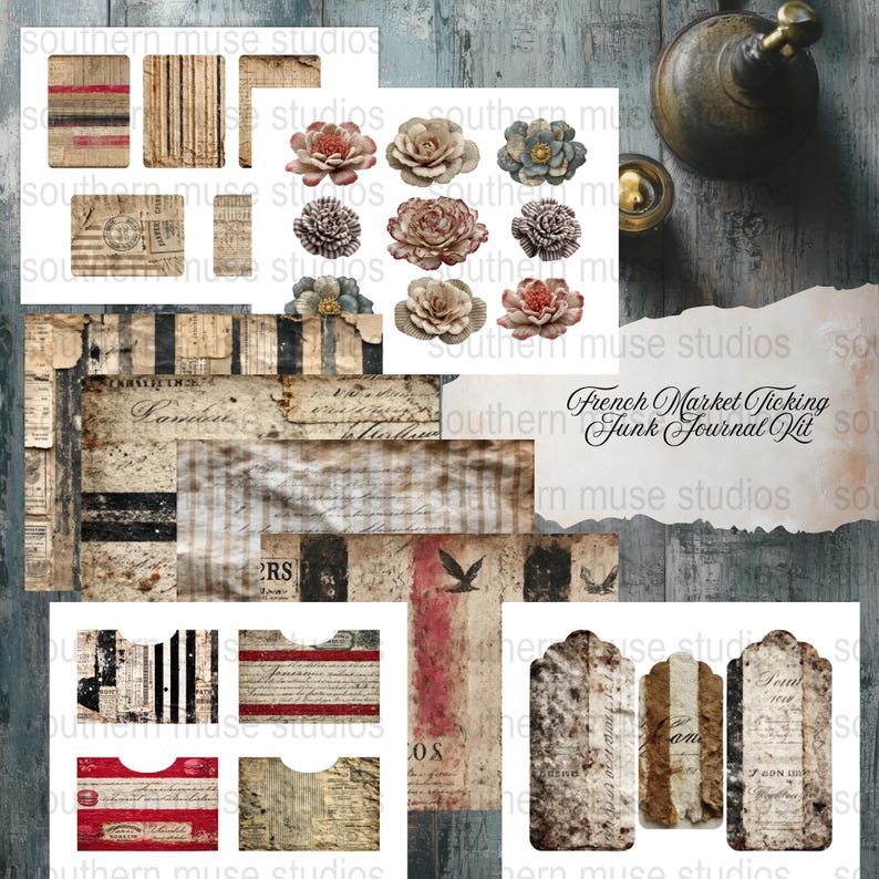 French Ticking Junk Journal, Vintage Ephemera, Digital Paper, Collage ...