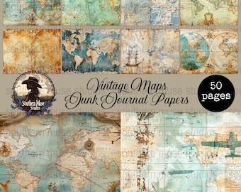 Vintage World Maps, Junk Journal Digital Papers, Old Atlas Printable, Scrapbook Pages, Ephemera Kit, Paper Craft Supply