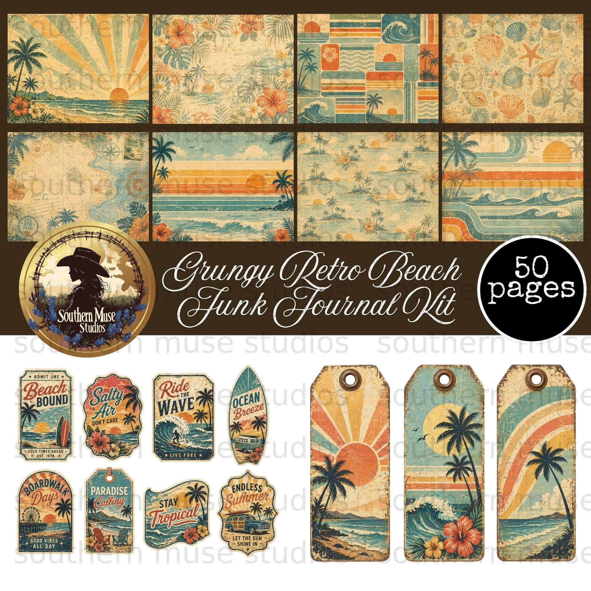 50 Grungy Retro Beach Junk Journal Digital Kit | Vintage Tropical Paper ...