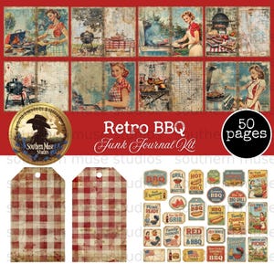 Op de afbeelding: Een digitale junk journal kit met een retro BBQ thema. De kit bevat illustraties in vintage stijl van grills, tags en decoratieve elementen. Het kleurenpalet bevat rood, wit en blauw, met de tekst "Retro BBQ Junk Journal Kit" en "50 pages".