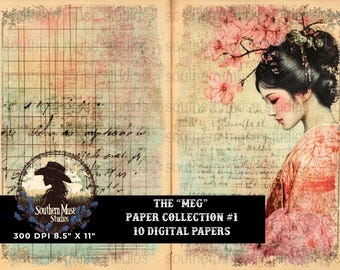 Asian Digital Paper, Scrapbook Paper, Geisha Printable Paper, Journal Paper, Collage Sheets, Junk Journal Digital, Vintage Paper