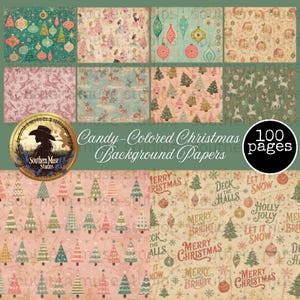 May include: A collection of 100 pages of candy-colored Christmas background papers featuring various patterns including vintage ornaments, Santa Claus faces, reindeer, and Christmas trees in shades of pink, teal, green, and cream with text.