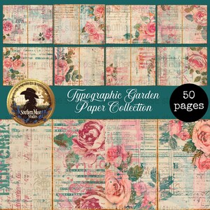 May include: A 50-page Typographic Garden paper collection. The pages have a vintage style with floral and script elements in pink, blue, and cream. The design includes roses and botanical illustrations, ideal for scrapbooking and crafting projects.