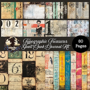 May include: A selection of vintage-style journal pages with diverse textures, numbers, and images. The kit contains 80 pages with a mix of colours, including beige, blue, and red. The text "Typographic Treasures Giant Junk Journal Kit" is displayed.