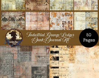 Grunge Ledger Digital, Junk Journal Kit, 50 PDF Papers, Industrial Scrapbook, Vintage Ephemera, Instant Download, grungy, distressed, worn