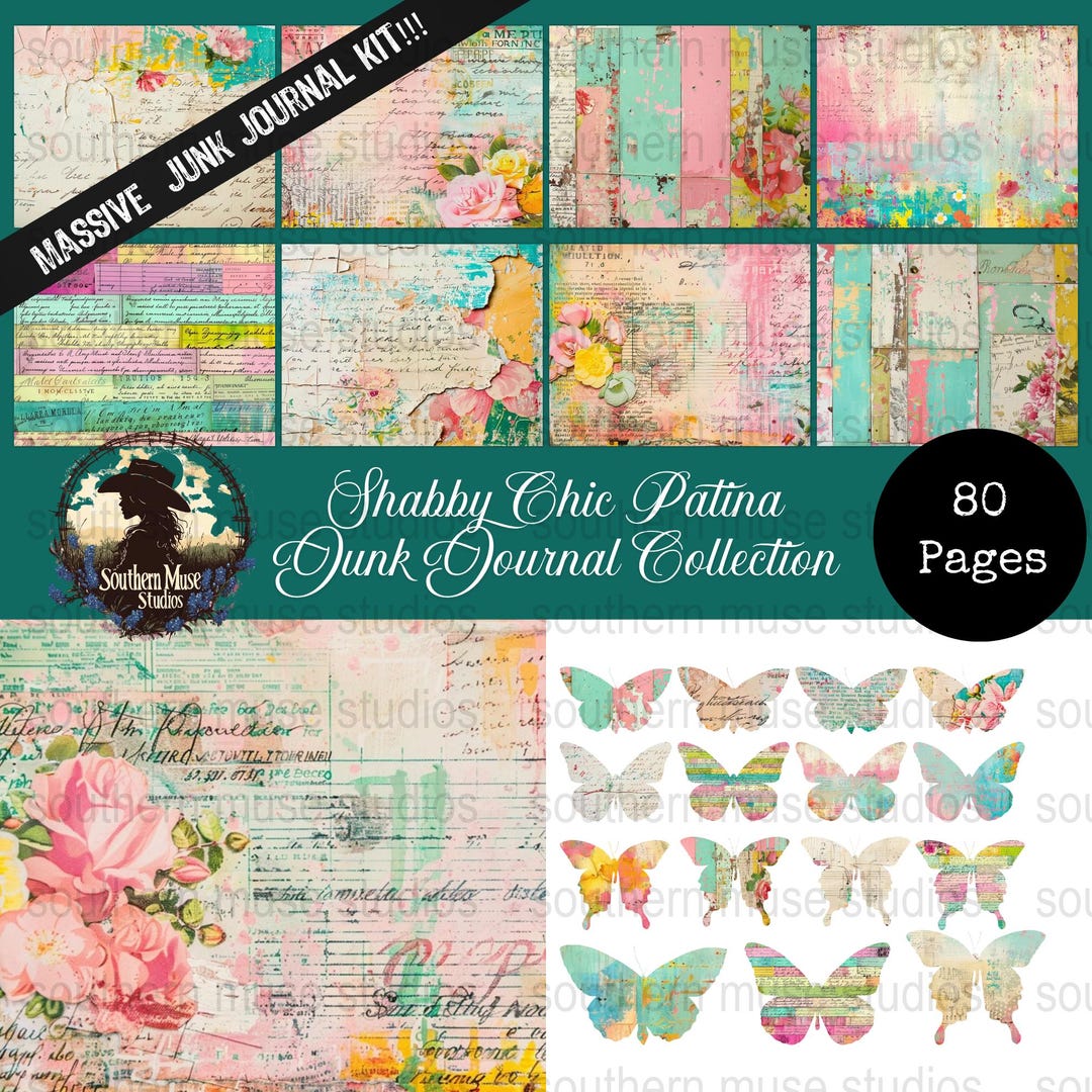 Shabby Chic Junk Journal Kit, Patina Digital Papers, Butterfly Ephemera ...