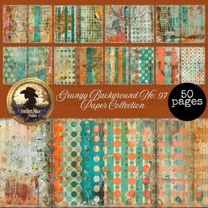 May include: A collection of 50 pages of grungy digital backgrounds. The backgrounds feature distressed textures, polka dots, and stripes in teal, orange, and cream colors. The text on the image reads "Grungy Background No. 97 Paper Collection" and "Southern Muse Studios."