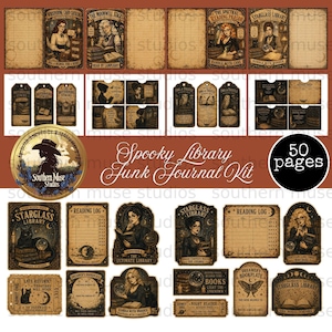 May include: A collection of 50 pages for a junk journal kit featuring vintage-style illustrations of libraries, books, and mystical themes. The set includes various tags, reading logs, and bookplates with sepia-toned paper and dark ink designs.