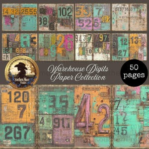 Puede incluir: Una colección de papel digital con diseños de números de estilo vintage y desgastado en colores como turquesa, rosa y naranja. Se muestra el texto "Warehouse Digits Paper Collection" y "50 pages".