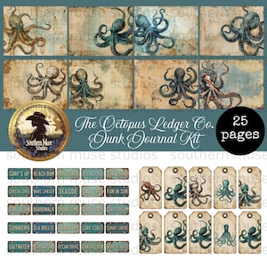 Peut inclure: Un kit de journal intime sur le thème marin. Le kit comprend des illustrations de poulpes sur des fonds de papier vieilli, des étiquettes et de petits rectangles avec des phrases de plage. Le texte "The Octopus Ledger Co. Junk Journal Kit" est également visible.
