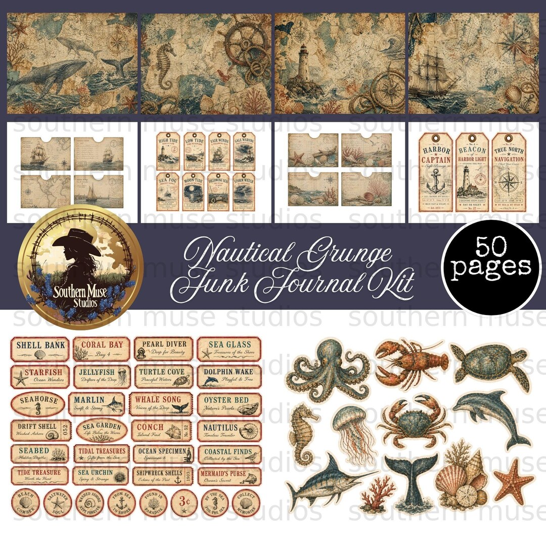 Nautical Grunge Junk Journal Kit, 50 Sheets Digital Download, Vintage ...