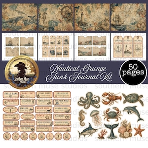 Puede incluir: Un kit de diario basura de temática náutica con ilustraciones vintage. El kit incluye papeles decorativos, etiquetas y adornos con ballenas, caballitos de mar, brújulas y texto náutico. El kit está etiquetado como "Nautical Grunge Junk Journal Kit" e incluye 50 páginas.