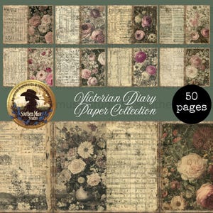 May include: Victorian Diary Paper Collection with 50 pages. The image displays a collection of vintage papers with floral and musical note designs. The papers feature roses and other flowers in shades of pink, white, and purple.