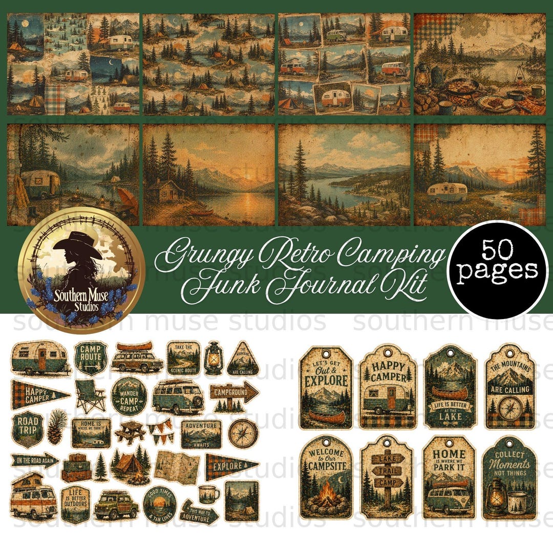 Grungy Retro Camping Junk Journal Kit 50 Pages, Digital Papers, Vintage ...