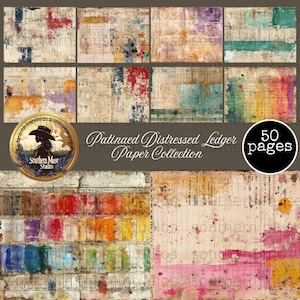 May include: A collection of 50 pages of patinated, distressed ledger paper. The paper has a vintage aesthetic with colorful paint splatters and aged textures. The Southern Muse Studios logo is also visible.