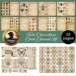 Może przedstawiać: Zestaw dziennika śmieciowego w stylu vintage z ilustracjami owadów i etykietami. Zestaw zawiera strony z tekstem "Field Observations" i "Junk Journal Kit". Zestaw ma 25 stron.