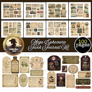 May include: A selection of vintage ephemera for junk journals, including botanical illustrations, labels, tags, and travel-themed designs. The kit features the text "Mega Ephemera Junk Journal Kit" and "100 pages", with a variety of designs.