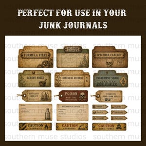 Collection of vintage-style labels for junk journals: potion ledger, formula files, and specimen cabinet.