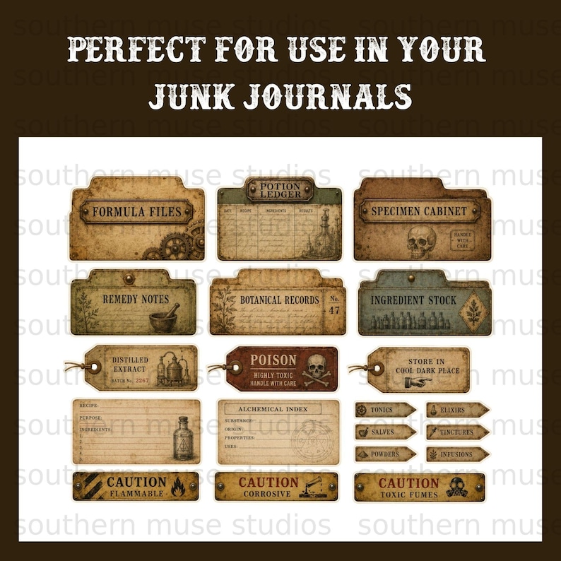 Collection of vintage-style labels for junk journals: potion ledger, formula files, and specimen cabinet.