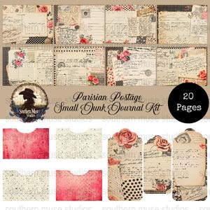 May include: A collection of vintage-style scrapbook paper and tags. The designs feature floral accents, handwritten script, and polka dot patterns. The kit includes a variety of pages and tags, with the text "Parisian Postage Small Junk Journal Kit" and "20 Pages".