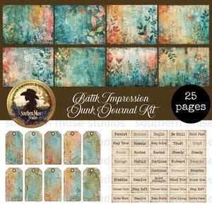 May include: A digital junk journal kit with a batik impression theme. The kit includes 25 pages of backgrounds with floral and leaf designs in teal, orange, and pink. Also included are tags and word art with inspirational phrases.