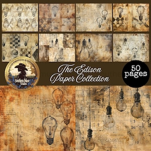 Edison Bulb Digital Paper Pack, 50 Vintage Science Junk Journal Pages, Steampunk Printable PDF Kit, Antique Inventor Scrapbook Craft Supply