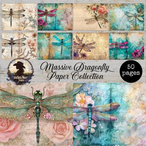 May include: A collection of 50 pages of decorative paper featuring dragonfly illustrations. The designs include watercolour dragonflies in various colours, set against vintage-style backgrounds with floral and textured elements. The text "Massive Dragonfly Paper Collection" is displayed.