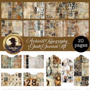 Puede incluir: Un conjunto de páginas de diario y efímeras de estilo vintage. El diseño presenta un collage de texturas de papel envejecido, números y fragmentos de texto en tonos marrón, beige y azul. El texto dice "Archivist Typography Junk Journal Kit" y "20 pages".