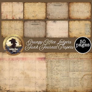 May include: A collection of 50 pages of vintage-style office ledger junk journal papers featuring aged, stained textures, handwritten accounting entries, and printed business headers in sepia and tan tones with visible grid lines and worn edges.