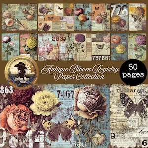 May include: A collection of 50 pages of antique-style paper with floral and butterfly designs. The paper features vintage elements, including numbers and text, with a color palette of brown, blue, and cream. The text on the paper reads "Antique Bloom Registry Paper Collection".