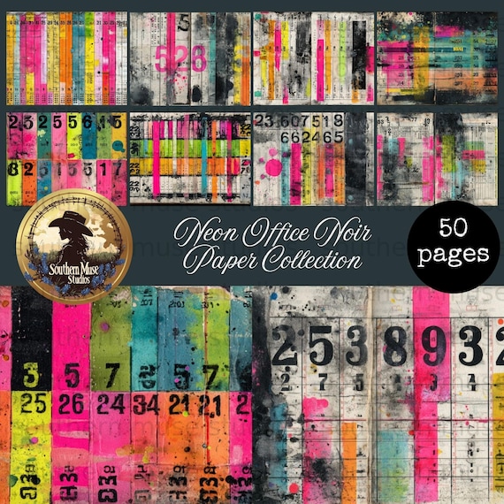 Neon Office Printable, Junk Journal Kit, Mixed Media Paper, Collage Sheet, Scrapbook, Digital Download, PDF, 50 Pages, grungy ledger, art