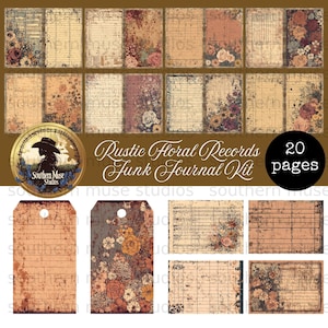 May include: A collection of 20 pages of rustic floral records and junk journal kit. The pages feature aged paper textures, floral accents, and lined or grid designs. Includes tags with floral and lined designs. The text on the image says "Rustic Floral Records Junk Journal Kit".