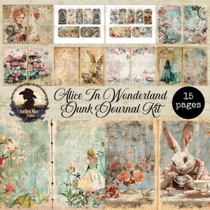 Op de afbeelding: Een digitale junk journal kit met een Alice in Wonderland thema. De kit bevat 15 pagina's met illustraties, tags en achtergronden in vintage stijl met personages en scènes uit het verhaal. Het kleurenpalet omvat zachte blauwen, roze en bruinen.