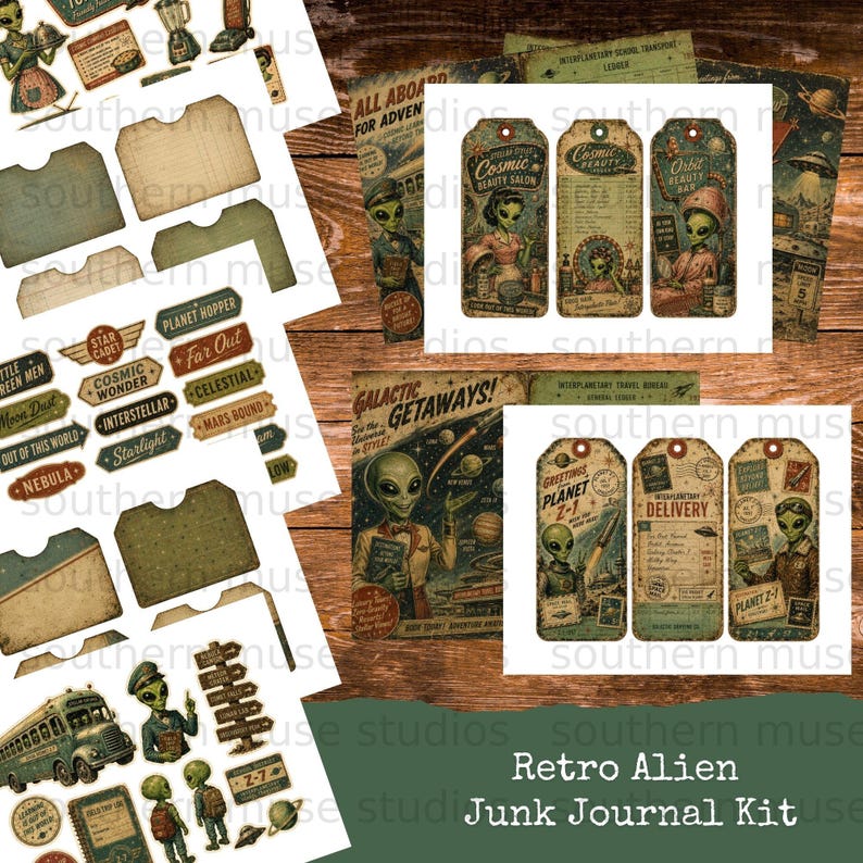 Retro Alien Junk Journal Kit, Vintage Space Ephemera Digital Printables ...
