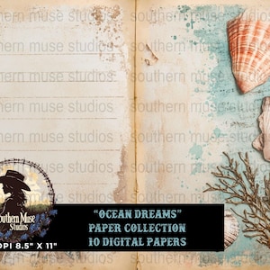 May include: Digital paper collection with a vintage aesthetic. The design features seashells, coral, and a distressed background with the text "Ocean Dreams". The paper size is 8.5" x 11".