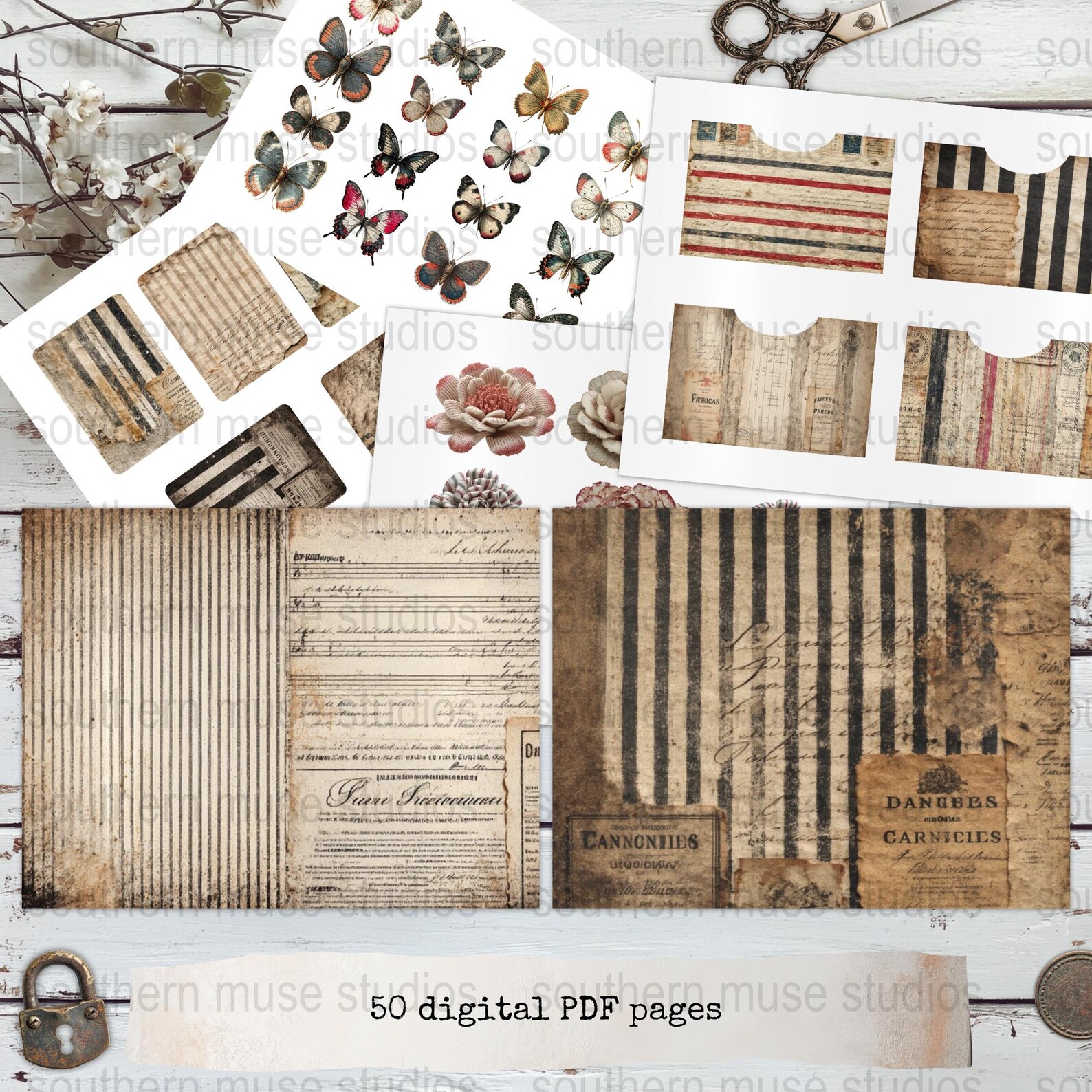 French Ticking Junk Journal, Vintage Ephemera, Digital Paper, Collage ...