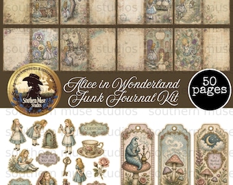 May include: A vintage-style "Alice in Wonderland" junk journal kit. The kit includes 50 pages, decorative tags, and stickers featuring illustrations of Alice, the Mad Hatter, and other characters. The kit has a brown and beige color scheme.