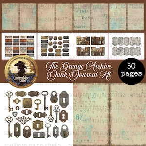 May include: A digital junk journal kit with a vintage aesthetic. The kit includes aged paper backgrounds, metal keys, locks, and labels. The title "The Grunge Archive Junk Journal Kit" is displayed, along with the number "50 pages".