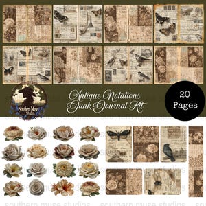 May include: A digital junk journal kit with antique-style pages, featuring butterflies, roses, and vintage ephemera. The kit includes 20 pages with a variety of designs and decorative elements. The text on the image says "Antique Notations Junk Journal Kit".