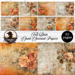 Puede incluir: Una colección de 50 papeles de diario basura "Fall Daze". Los papeles presentan una estética vintage con ilustraciones florales y de calabazas, texturas envejecidas y superposiciones de escritura a mano. La paleta de colores incluye naranjas cálidos, marrones y cremas.